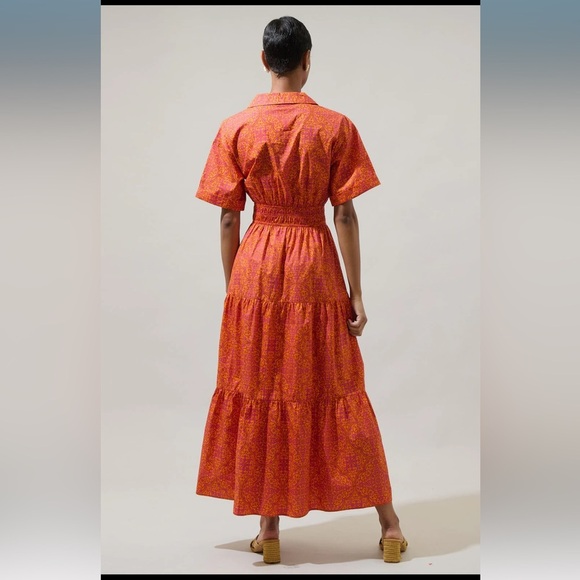 SugarLips DeBary Daphne Floral Apres Tiered Maxi Dress Flame Orange - Picture 2 of 6